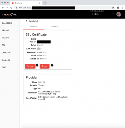 TrueCare vernieuwd SSL certificaat aanvragen