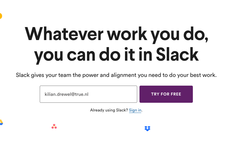 Voorbeeld van Slack onboarding